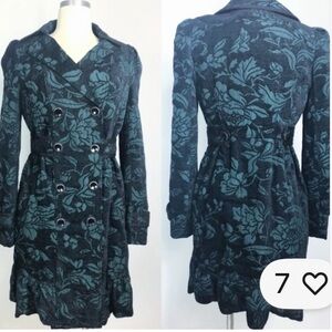Elevenses from Anthropologie Quilted Double Breasted Pea Coat w Emerald Brocade
